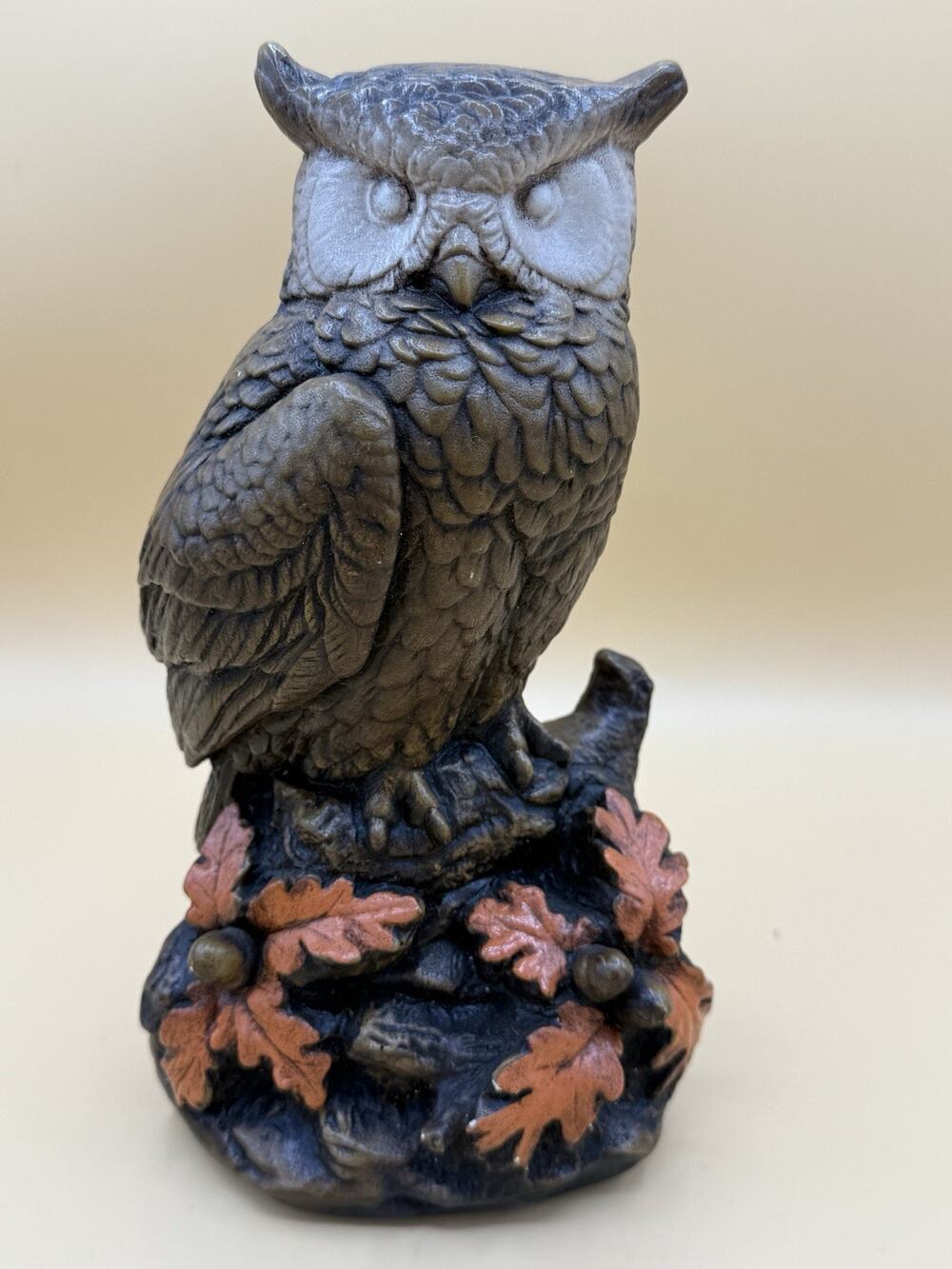 Vintage Owl Figurine Autumn Oak Leaves Acorns Resin Statue 6.5”